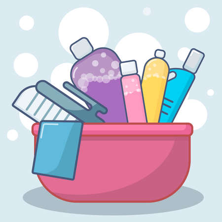 set of bottles and washing instruments with washing detergents in a bucket flat lay vector illustrationのイラスト素材