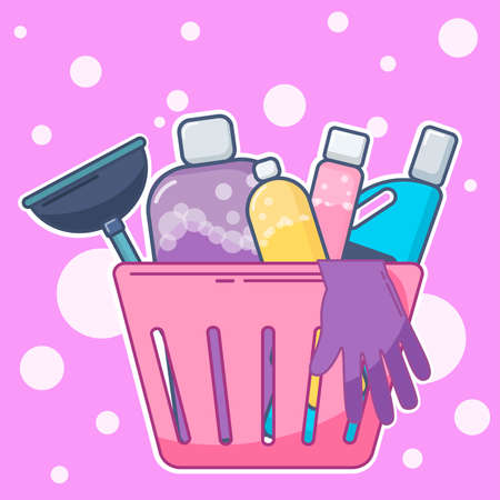 set of bottles and washing instruments with washing detergents in a bucket flat lay vector illustrationの写真素材