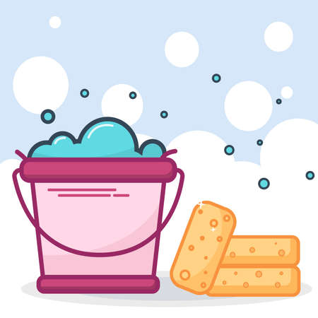 cleaning and laundry concept. bucket with soap water with bubbles and clean towelsの写真素材