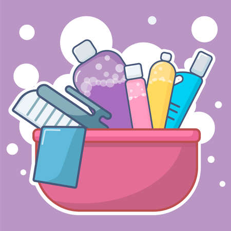 set of bottles and washing instruments with washing detergents in a bucket flat lay vector illustrationの写真素材