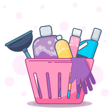set of bottles and washing instruments with washing detergents in a bucket flat lay vector illustrationの写真素材