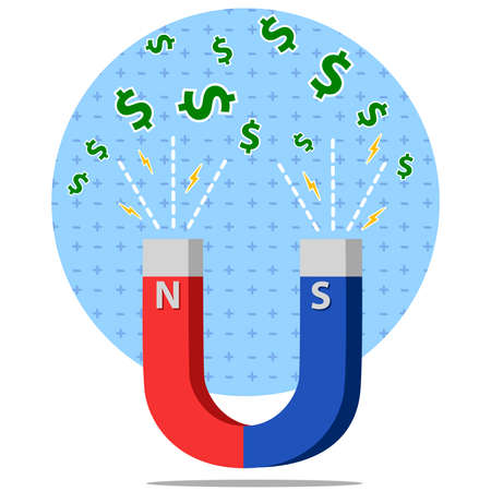 horseshoe shaped magnet with magnetic fields attracting money flat style vector illustrationのイラスト素材