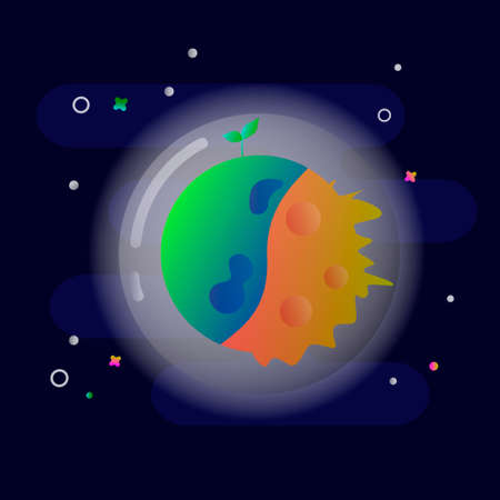 planet divided into two parts desert and green alive part surrounded by protection dome flat style vector illustrationのイラスト素材