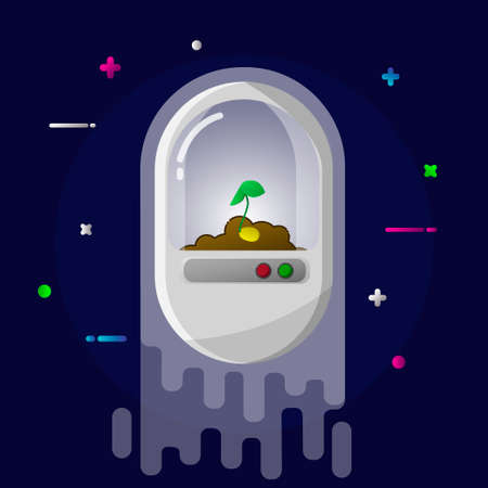 space capsule with plant flying in deep space flat style vector illustrationのイラスト素材