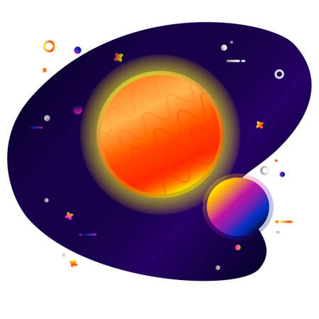 Yellow and orange shining planet with a small blue planet surrounded by stars vector illustration flat styleのイラスト素材