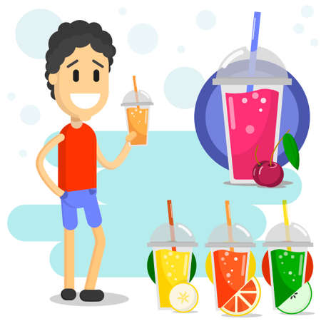smiling man drinking smoothie flat style vector illustration. summer drinks setのイラスト素材