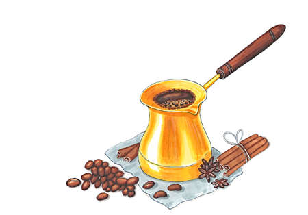 jezve with coffee decorated with coffee beans and cinnamon hand-drawn illustration isolated on white with copy spaceの写真素材