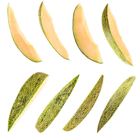 set of eight slices melon fruit isolated on white background with clipping pathの写真素材