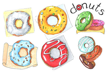set of donuts isolated on white hand-drawn illustrationの写真素材