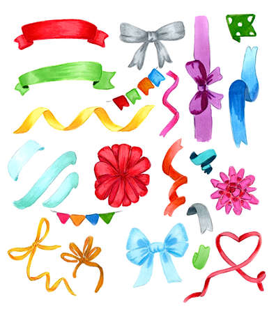 set of colorful birthday bows and ribbons isolated on white hand-drawn illustrationの写真素材