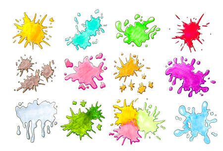 colorful blobs and splatters isolated on white hand drawn illustrationの写真素材