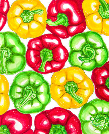Red, green and yellow sweet bell peppers on white backgroundの写真素材