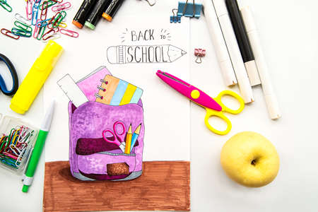 school stationery with sketch of school backpack with supplies on white with lettering back to...