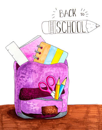 school backpack with stationery on white with lettering back to school hand drawn illustrationの写真素材
