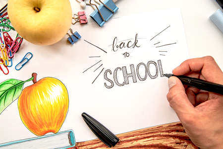 back to school concept. female hand drawing an illustration with markers. lettering back to schoolの写真素材