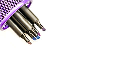 back to school concept. markers in a metal pen container isolated on white background top view with copy spaceの写真素材
