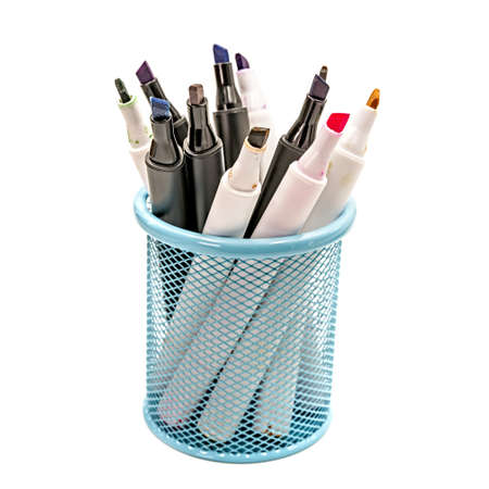 back to school concept. markers in a metal pen container isolated on white backgroundの写真素材