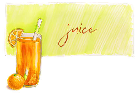 Orange juice glass with drinking straw isolated on white background hand drawn illustrationの写真素材