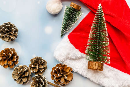 pine cones, santas hat and fir trees on blue blurry backgroundの写真素材