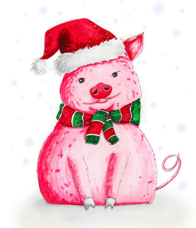 cute cartoon pig in santas hat and striped scarf isolated onwhite hand drawn marker illustrationの写真素材