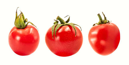 set of three ripe cherry tomatoes isolated on white backgroundの写真素材