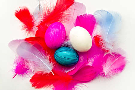 Easter holiday concept. White, bluw and purple aster eggs on colorful feathers on white background flat lay top viewの写真素材