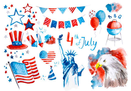independence day of the usa set of symbol stickers hand drawn watercolor illustration with clipping path isolated on whiteの写真素材