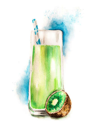 Kiwi smoothie in glass with drinking straw on white background watercolor illustrationの写真素材