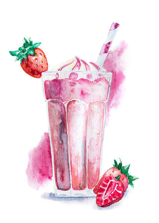 strawberry milkshake in a glass decorated with cream and fresh strawberries with watercolor splash background hand drawn illustrationの写真素材