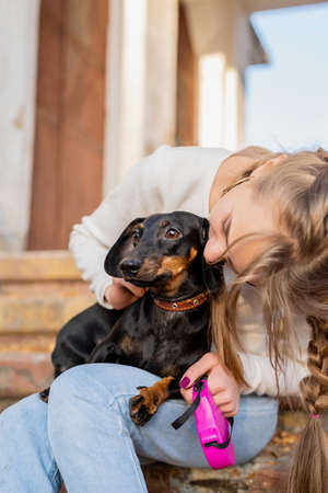 Pet care concept. Young woman hugging her dachshund dog outdoorsの写真素材