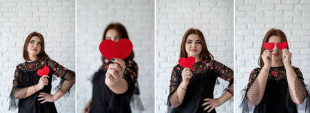 Valentine's Day concept. Collage of a beautiful woman holding a red heart shape in her hands
