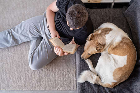 Stay home. Pet care. Young man reading sitting on the floor at home with his dogの写真素材