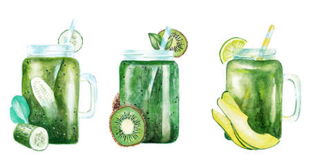 Hand drawn watercolor summer fruit smoothies or shakes in glass cups decorated with fruits and vegetables isolated on white. Summer drinks conceptの写真素材