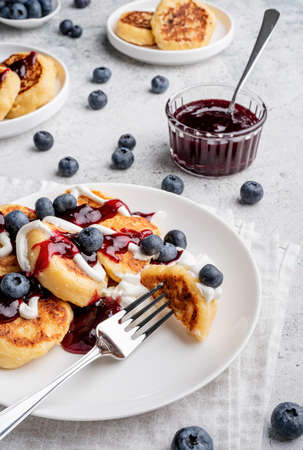 cottage cheese pancakes with sour cream, blueberry jam and blueberries, high angle view