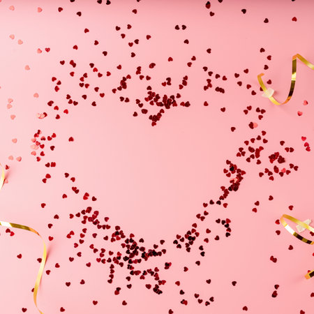 Valentines Day. Red heart shape confetti heart top view flat lay on pink background. Copy space