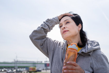 senior woman wiping out sweat after hard workout outdoors in the parkの写真素材