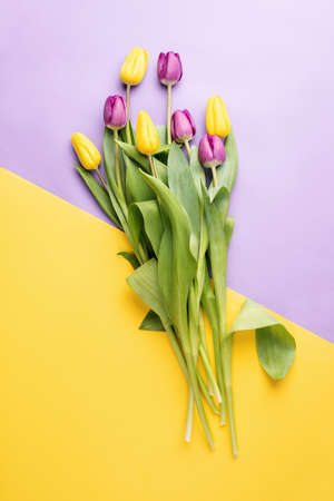 Easter and spring concept. Top view of laptop computer, colorful tulips and Easter eggs on pink wooden backgroundの写真素材