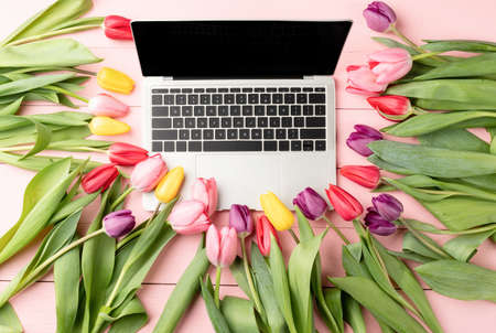 Easter and spring concept. Top view of laptop computer, colorful tulips and Easter eggs on pink wooden backgroundの写真素材