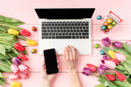Mock up design. Mock up with Frame and bucket of tulips on white brick wall background