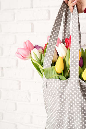 Eco friendly, zero waste concept. Spring shopping. Woman hand holding gray polka dot fabric bag with colorful tulipsの写真素材