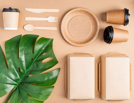 Knolling concept. Eco friendly zero waste disposable tableware top view flat lay on brown backgroundの写真素材