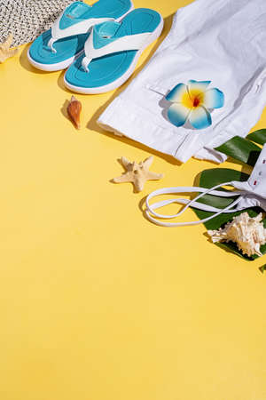 Summer and vacation concept. summer accessories with clothes, shoes, tropical leaves and flowers, flat layの写真素材