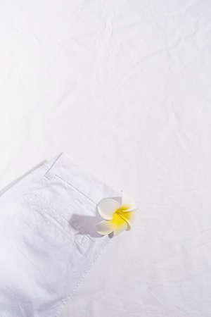 Summer and vacation concept. White summer jeans with plumeria flower on white background. Mock up designの写真素材