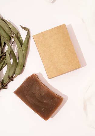 hand made soap and craft box for mock up design on white background, top view flat layの写真素材