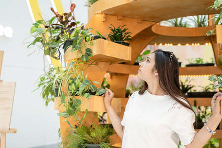 Shopping concept. Young woman in white t-shirt sitting on the couch in the shopping mall, looking at...