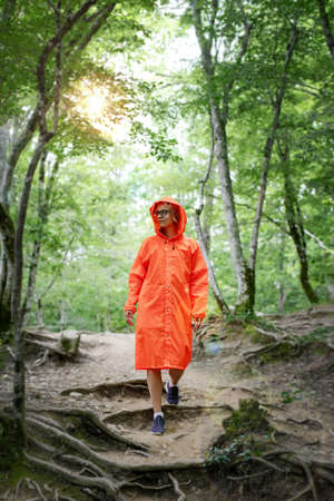 Young woman in orange raincoat hiking in green forest. Active lifestyle and travelの写真素材