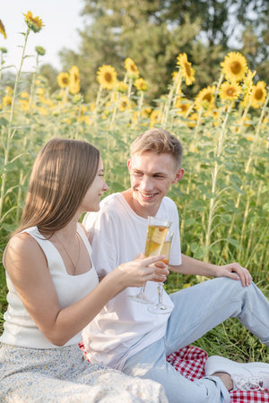 Autumn nature. Fun and liesure. Young teenage couple picnic on sunflower field in sunset drinking champagneの写真素材