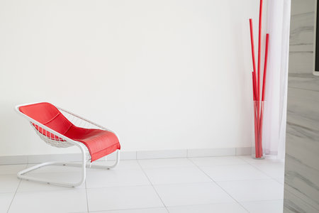 Interior design. Minimal modern design of Living room with red chairs and windowの写真素材