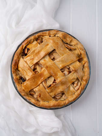 Top view of homemade apple pie on wooden tableの写真素材
