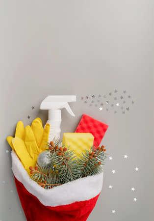 Christmas cleaning. Christmas shopping. Cleaning tools and Christmas decorations in santa hat top view flat lay on gray background with copy spaceの写真素材